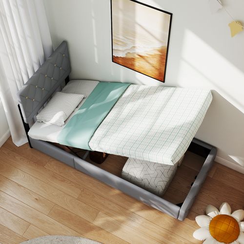 Lit Coffre 90x200 Cm Velours Gris Clair, Boxspring Avec Rangement Hydraulique Et Coffre