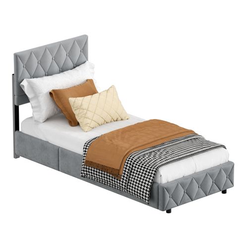 Lit Coffre 90x190 Cm Velours Gris Clair, Boxspring Avec Rangement Hydraulique