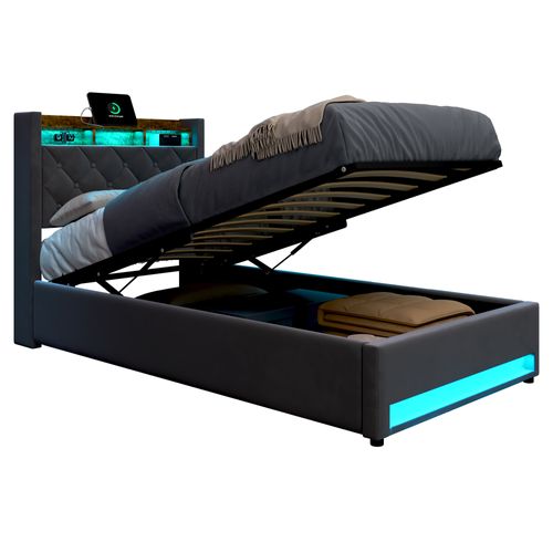 Lit Coffre 90x190 Cm - Hydraulique Avec Rangement, USB Et LED - Velours Gris Foncé