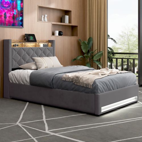 Lit Coffre 90x200 Cm - Hydraulique Avec Rangement, USB Et LED - Velours Gris Foncé