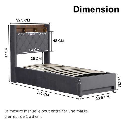 Lit Coffre 90x200 Cm - Hydraulique Avec Rangement, USB Et LED - Velours Gris Foncé