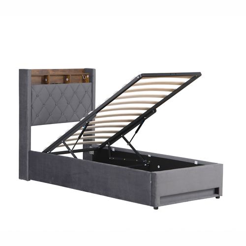 Lit Coffre 90x200 Cm - Hydraulique Avec Rangement, USB Et LED - Velours Gris Foncé