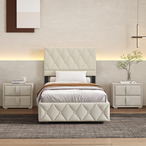 Lit Coffre 90x190 Cm - Boxspring En Velours Beige Avec Rangement Hydraulique