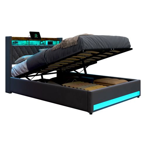 Lit Coffre 140x200 Cm - Hydraulique Avec Rangement, USB Et LED - Velours Gris Foncé