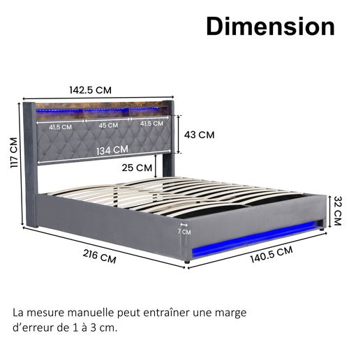 Lit Coffre 140x200 Cm - Hydraulique Avec Rangement, USB Et LED - Velours Gris Foncé