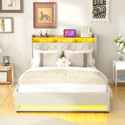 Lit Coffre 160x200 Cm - Lit Double Capitonné Velours Gris Avec Rangement LED Et USB