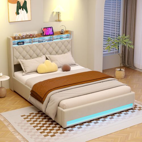 Lit Coffre 160x200 Cm - Lit Double Capitonné Velours Gris Avec Rangement LED Et USB