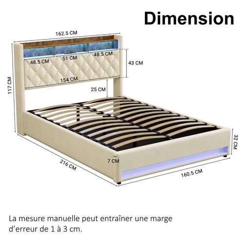 Lit Coffre 160x200 Cm - Lit Double Capitonné Velours Gris Avec Rangement LED Et USB