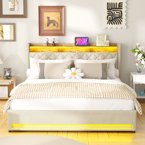 Lit Coffre 180x200 Cm - Lit Double Capitonné Velours Gris Avec Rangement LED Et USB