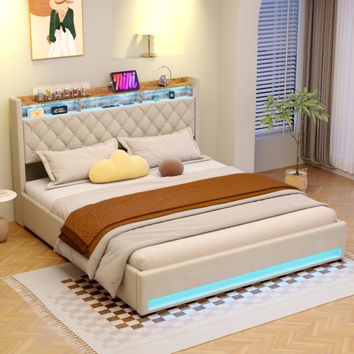 Lit Coffre 180x200 Cm - Lit Double Capitonné Velours Gris Avec Rangement LED Et USB