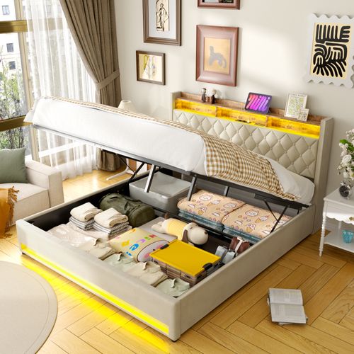 Lit Coffre 180x200 Cm - Lit Double Capitonné Velours Gris Avec Rangement LED Et USB