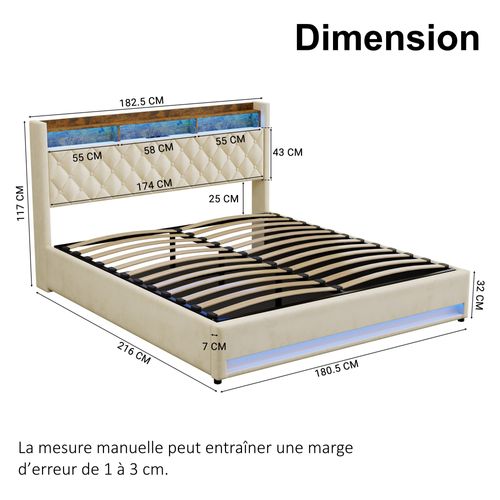 Lit Coffre 180x200 Cm - Lit Double Capitonné Velours Gris Avec Rangement LED Et USB