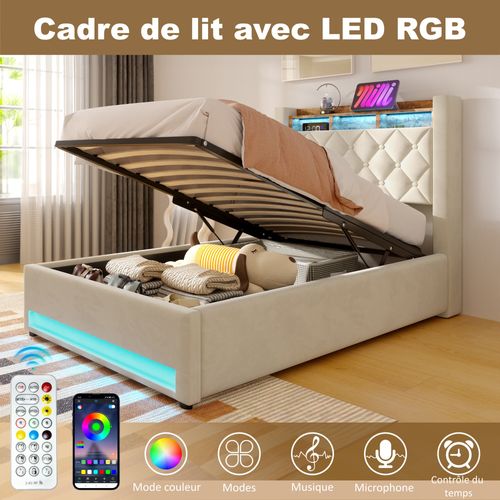 Lit Coffre 90x190 Cm - Lit Simple Capitonné Velours Gris Avec Rangement LED Et USB