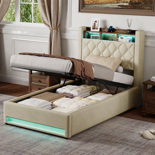 Lit Coffre 90x200 Cm - Lit Simple Capitonné Velours Gris Avec Rangement LED Et USB