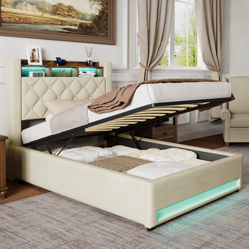 Lit Coffre 90x200 Cm - Lit Simple Capitonné Velours Gris Avec Rangement LED Et USB