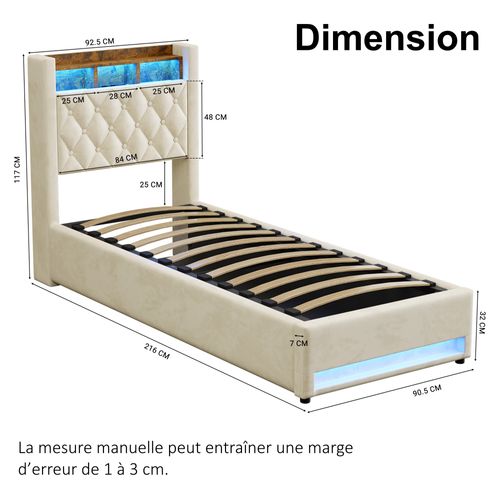 Lit Coffre 90x200 Cm - Lit Simple Capitonné Velours Gris Avec Rangement LED Et USB