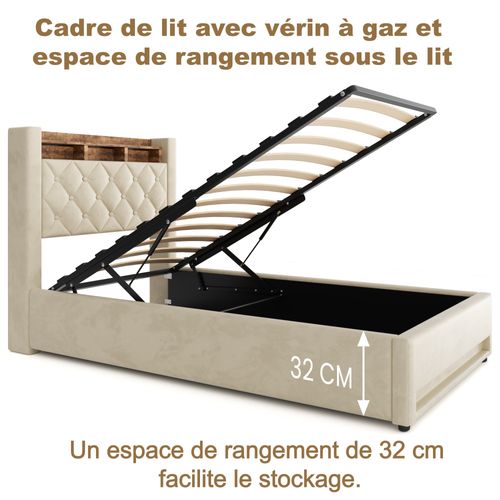 Lit Coffre 90x200 Cm - Lit Simple Capitonné Velours Gris Avec Rangement LED Et USB