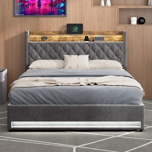 Lit Coffre Hydraulique 160x200 Cm Avec Rangement, USB Et LED - Velours Gris Foncé