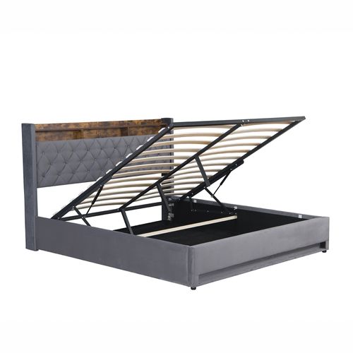 Lit Coffre Hydraulique 160x200 Cm Avec Rangement, USB Et LED - Velours Gris Foncé