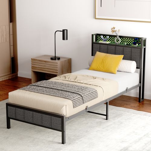 Lit En Métal Noir 90x200 Cm Avec Tête Capitonnée Et Ports USB - Lit Simple Moderne