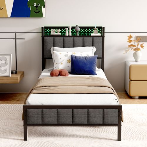 Lit En Métal Noir 90x200 Cm Avec Tête Capitonnée Et Ports USB - Lit Simple Moderne