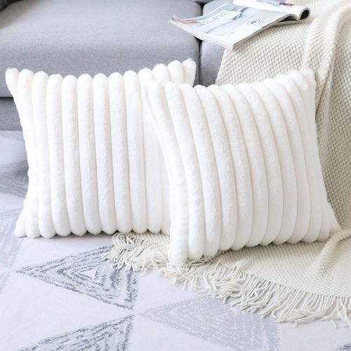 Housse De Coussin Lot 2 Pièces 50x50 Cm Velours Doux Fermeture Zippée Blanc