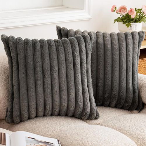 Housse De Coussin Set 2 Pièces 50x50 Cm Peluche Et Velours Fermeture Éclair Invisible Gris Foncé