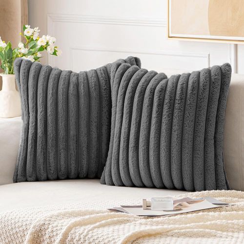 Housse De Coussin Set 2 Pièces 50x50 Cm Peluche Et Velours Fermeture Éclair Invisible Gris Foncé
