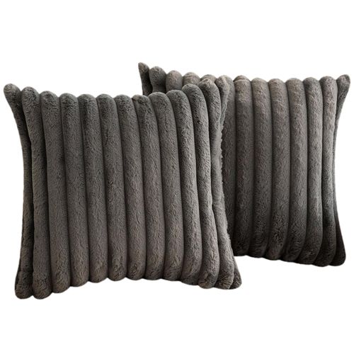 Housse De Coussin Set 2 Pièces 50x50 Cm Peluche Et Velours Fermeture Éclair Invisible Gris Foncé
