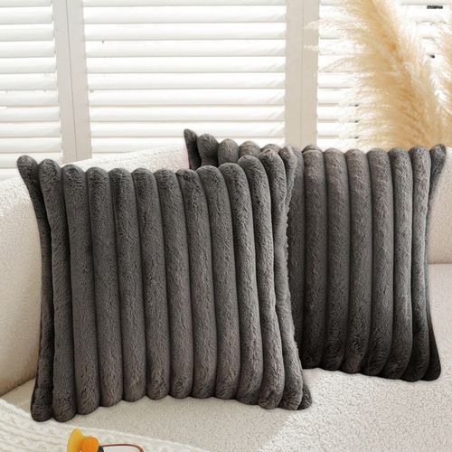 Housse De Coussin Set 2 Pièces 50x50 Cm Peluche Et Velours Fermeture Éclair Invisible Gris Foncé