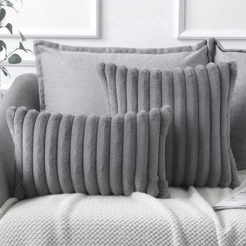 Housse De Coussin Set 2 Pièces 50x50 Cm Velours Doux Fermeture Zippée Gris