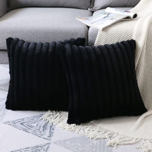 Housse De Coussin Set 2 Pièces 50x50 Cm Velours Doux Fermeture Zippée Noir