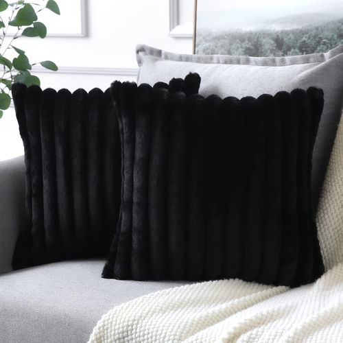 Housse De Coussin Set 2 Pièces 50x50 Cm Velours Doux Fermeture Zippée Noir