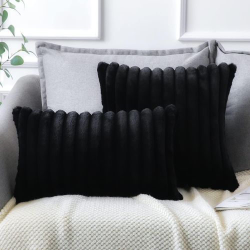 Housse De Coussin Set 2 Pièces 50x50 Cm Velours Doux Fermeture Zippée Noir