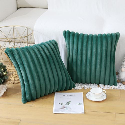 Housse De Coussin Set 2 Pièces 50x50 Cm Velours Doux Franges Fermeture Zippée Vert Foncé