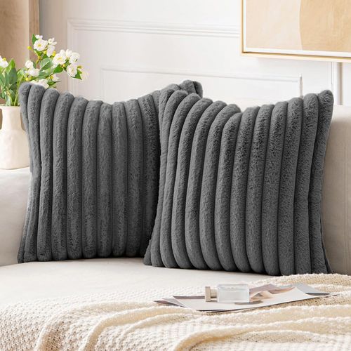 Housse De Coussin Set 2 Pièces 45x45 Cm Velours Côtelé Fermeture Invisible Doux Gris Foncé
