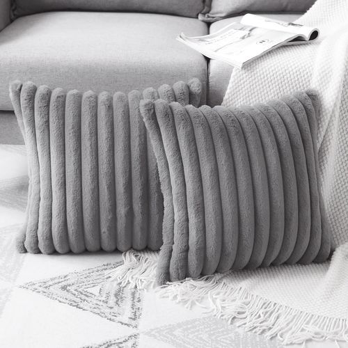 Housse De Coussin Set 2 Pièces 45x45 Cm Velours Côtelé Fermeture Invisible Doux Gris Clair