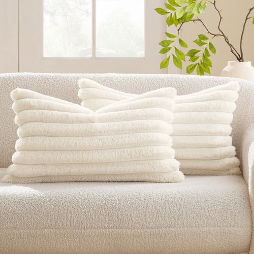 Housse De Coussin Set 2 Pièces 30x50 Cm Velours Côtelé Fermeture Cachée Doux Blanc