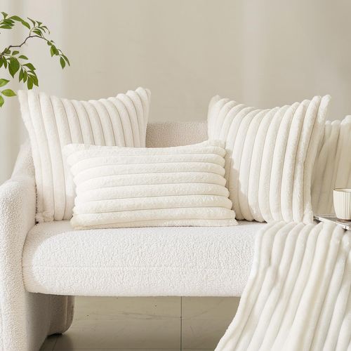 Housse De Coussin Set 2 Pièces 30x50 Cm Velours Côtelé Fermeture Cachée Doux Blanc