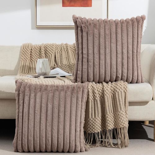 Taies D’oreiller Set 2 Housse De Coussin Velours Et Fourrure Douce Confort 50x50 Cm Beige Clair