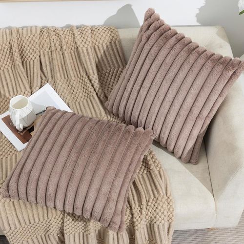Taies D’oreiller Set 2 Housse De Coussin Velours Et Fourrure Douce Confort 50x50 Cm Beige Clair