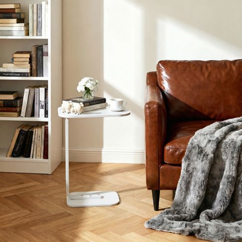 Table Canapé Ovale Mobile Plateau Bois Et Cadre Métal - Salon/chambre 45×30×63 Cm - Blanc