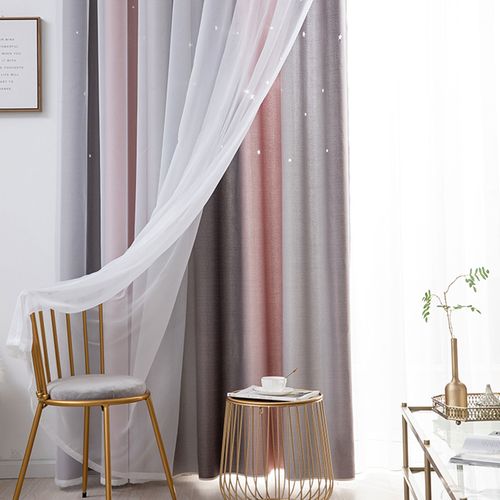 Rideaux Occultants Oeillets - Effet Morandi, Décoration Étoilée, Tissu Épais Rose Et Gris