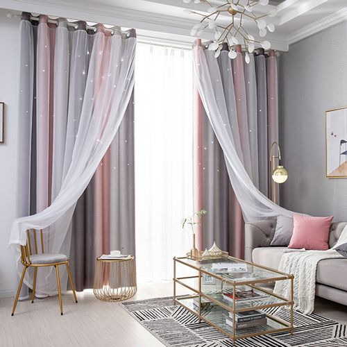 Rideaux Occultants Oeillets - Effet Morandi, Motif Ciel Étoilé, Tissu Épais Rose Et Gris