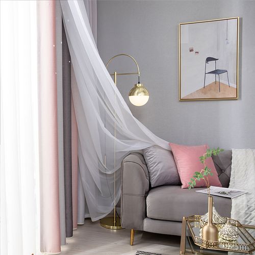 Rideaux Occultants Oeillets - Effet Morandi, Motif Ciel Étoilé, Tissu Épais Rose Et Gris