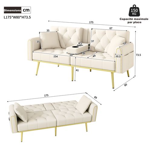 Canapé Convertible 2 Places - Canapé-lit Double Avec Porte-gobelets Et Relax, Velours Beige