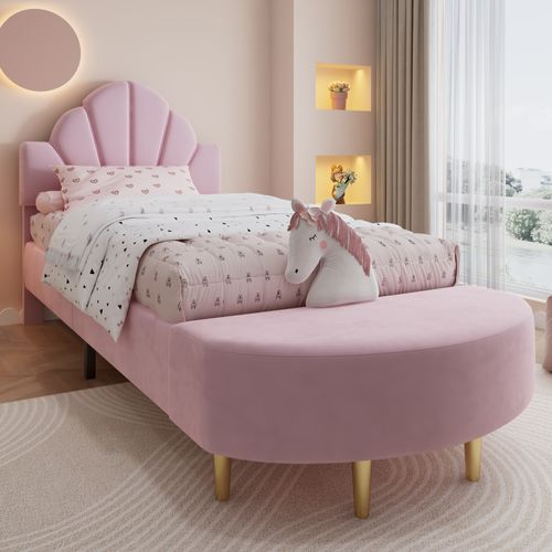Lit Simple Enfant 90x200 Cm Capitonné, Tête De Lit Velours, Banc, Mousse Anti-chocs, Rose