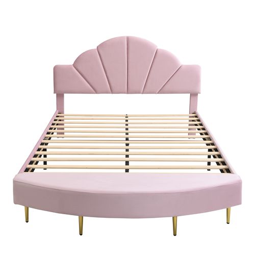 Lit Double Ado/enfant Capitonné 140x200 Cm, Tête De Lit Velours Et Banc, Mousse Anti-chocs, Rose