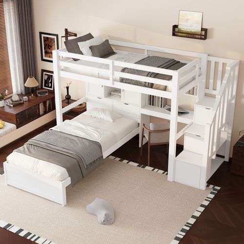 Lit Mezzanine 90x200 Cm - Lit Enfant Avec Bureau Et Étagères, Escaliers Avec Rangement - Blanc