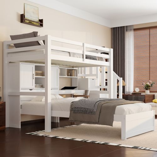 Lit Mezzanine 90x200 Cm - Lit Enfant Avec Bureau Et Étagères, Escaliers Avec Rangement - Blanc